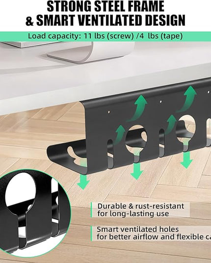 2 Pack Under Desk Cable Management Tray, 16.5" L x 4.7" W x 6.8" H, Wire Organizer for Power Strip, Tape Mount or Screw Mount, Easy Install Cord Raceway for Desk & Home