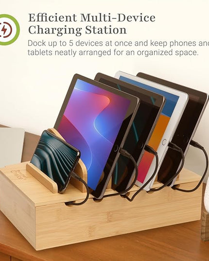 Prosumer's Choice Wooden Charging Station Organizer - 5-Port Base for Phones, Tablets and Laptops - Multi-Device Docking Station with Removable Divider Slots - Cord Box with Cable Management - Bamboo