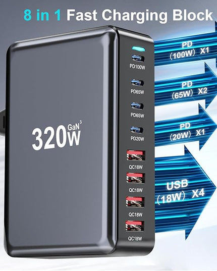 320W USB C Fast Charger Block, 8 Port USB Charging Station, GaN Ⅲ Pro 100W PD PPS Port Fast Charging Station Hub, Laptop Wall Charger Compatible with MacBook, iPhone 17, iPad, Android Devices etc