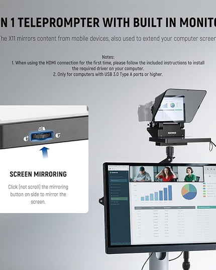 NEEWER 2 in 1 Teleprompter 11 Inch with Monitor for Windows MacOS, Supports Screen Mirroring, Portable Prompter for Camera Mobile Phone Webcam for YouTube Twitch Live Streaming Conference, X11