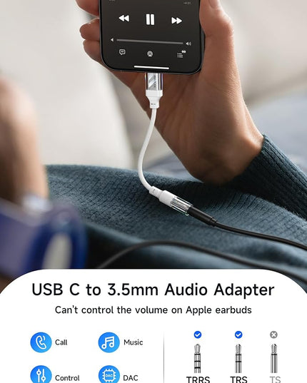 JSAUX USB Type C to 3.5mm Female Headphone Jack Adapter, USB C to Aux Audio Dongle Cable Cord Compatible with iPhone 17 Pro Max/16 Pro/15Plus/15, Samsung Galaxy S24/S23/S22/S21 Ultra, iPad Pro White