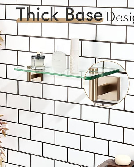 KOKOSIRI Wall Shelves Bathroom Hardware Glass Floating Shelf 16-Inch for Bedroom, Living Room, Kitchen, Hanging Rack Champagne Bronze B1105CPG-L16