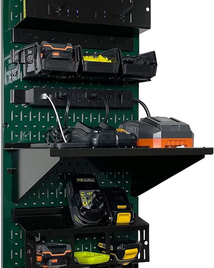 Wall Control Power Tool Storage Organizer Kit Cordless Drill Holder Charging Station Rack 16” x 32” Metal Pegboard Organization System (Green Pegboard)