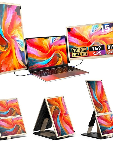 Laptop Extender 15.6-inch, 1080P FHD Portable Monitor with 120% sRGB, 235Rotation Detachable Screen, Plug & Play, Triple Screen Laptop Monitor Extender Compatible with Windows, Mac, Chrome