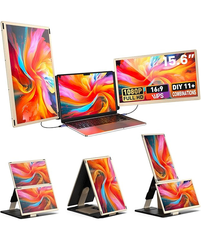 Laptop Extender 15.6-inch, 1080P FHD Portable Monitor with 120% sRGB, 235Rotation Detachable Screen, Plug & Play, Triple Screen Laptop Monitor Extender Compatible with Windows, Mac, Chrome