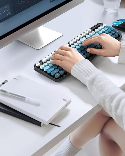 MOFII Wireless Keyboard and Mouse Combo, Full Size 2.4G Plug and Play Typewriter Retro Round Computer Keyboard and Mouse Set for Windows, Computer, Desktop, PC, Notebook - (Black Blue Gradient)