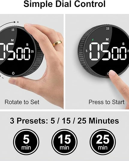 Rechargeable Magnetic Kitchen Timer, LED Countdown/Count-Up Timer, Supports USB-C Charging, with Loud Alarm, 3 Preset Quick Times (5/15/25m), Perfect for Kitchen Cooking, Studying, and Fitness