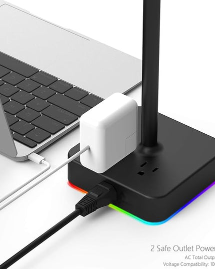 KAFRI RGB Dual Headphone Stand with USB C Charger Desk Gaming Double Headset Holder Hanger Rack with 3 USB Charging Port and 2 Outlet - Suitable for Gamer Desktop Table Game Earphone Accessories Gift