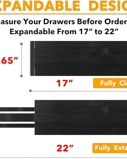 SpaceAid Bamboo 4 Pack Dresser Drawer Dividers, 4.65“ High Adjustable 17“-22” Drawer Organizers, Expandable Organization for Clothing, Clothes, Dressers, Black