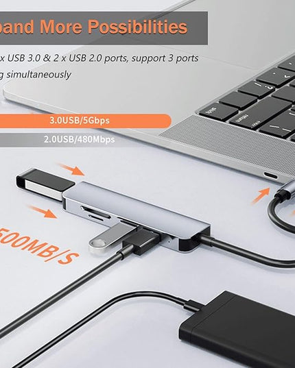 VIENON 5 in 1 Aluminum USB-C Hub with Memory Card Reader and 3 USB 3.0 Ports, for PC, Laptops, MacBook Pro/Air, iMac Pro, Surface and Tablet