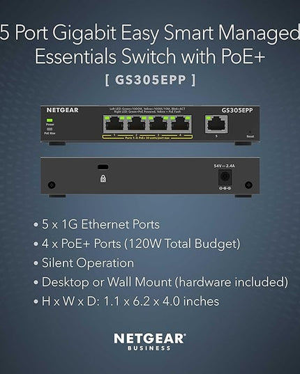 NETGEAR 5 Port PoE Gigabit Ethernet Easy Smart Managed Essentials Switch (GS305EPP) - with 4 x PoE+ @ 120W, Desktop or Wall Mount