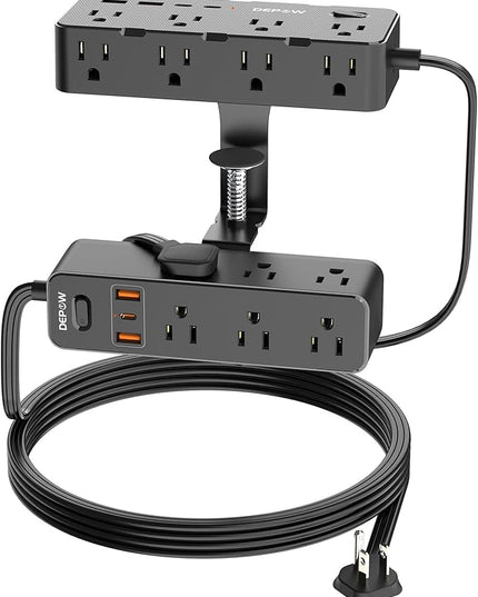 Dual Layer Desk Clamp Power Strip & Surge Protector: 17 Outlets + 7 USB (3 USB-C) Charging Station, Space-Saving Under Desk Organizer with 10ft Extension Cord, 1700J Protection (Black)