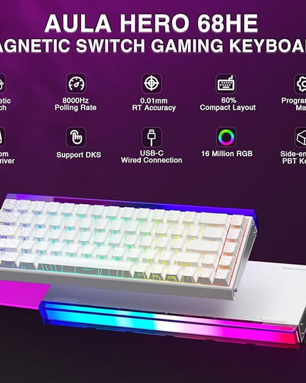 AULA Hero 68 HE 60% Gaming Keyboard Wired, Hall Effect Magnetic Switch Keyboard with 8K Hz Polling Rate, Side Printed PBT Keycaps, RGB Backlit Light Box, Customizable Web Software for PC/Mac Gamers