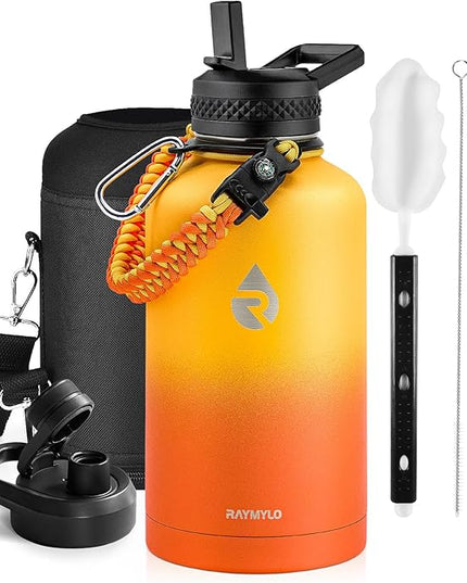 Insulated Water Bottle 64 oz, Triple Wall Vacuum Stainless Steel (Cold for 48 Hrs), Leak Proof & Non-BPA, Half Gallon Water Flask Jug with Paracord Handle & Straw Spout Lids, Ombre Orange