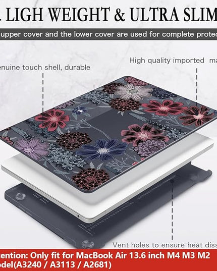 CISSOOK Compatible with MacBook Air 13.6 inch Case 2022 2023 2024 2025 Model A2681 A3113 A3240, Plastic Hard Case with Keyboard Cover Screen Protector Type C Adapter, Texture Flowers