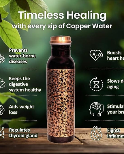 Floral Antique Copper Bottle and 2 Tumbler Set - 34oz Engraved Vessel with 10oz Cups - Indian Artisan Handcrafted - Premium Wellness Gift