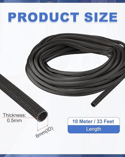 uxcell Insulation Cable Protector,6mm/0.24 Inch-10m/33 Feet High Temp Fiberglass Sleeve Black