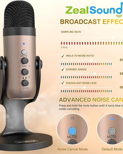 ZealSound USB Microphone,Condenser Computer PC Mic,Plug&Play Gaming Microphones for PS 4&5.Headphone Output&Volume Control,Mic Gain Control,Mute Button for Vocal,YouTube Podcast on Mac&Windows(Gold)
