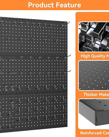 WALMANN Metal Pegboard Panels for Wall Garage Tools Storage Pegboard for Garage, Workbench, Modular Peg Board Tool Organizer Board (Black 12"*24", Pack of 3)