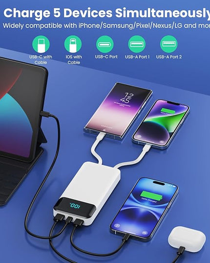Portable Charger Power Bank 40800mAh with 3 Built-in Cables,25W Fast Phone Charging Portable Battery Pack,5 Outputs Travel Essentials Outdoor External Battery for iPhone 17/16,Galaxy Android etc-White