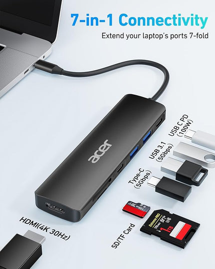 Acer USB C Hub, 7 in 1 USB-C to HDMI Dock, 2 USBA 3.1 GEN1 and 5Gbps Type-C Data Port, 4K HDMI Port, PD 100W Charging, SD Card Reader, for iPad Pro MacBook Pro Laptops and More (Black)