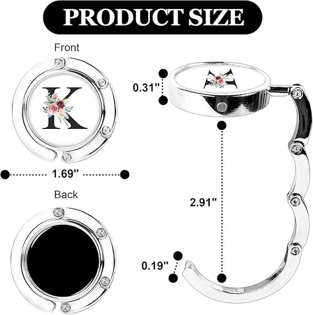 XSUIOY 3Pcs Personalized Initial Foldable Purse Hook for Table,Crushed Flower Letters Folding Purse Hanger,Purse Holder Handbag Hanger Collection Desk Table Bag Hooks Gifts for Women Bag(Black-K)
