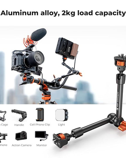 K&F CONCEPT 11" Magic Arm Clamp Kit with ARRI 1/4" & 3/8" Thread Screw, 360° Ball Heads Arm with Clamp Mount for DSLRs, Camera Cage, Monitor, LED Light, Webcam, Action Camera