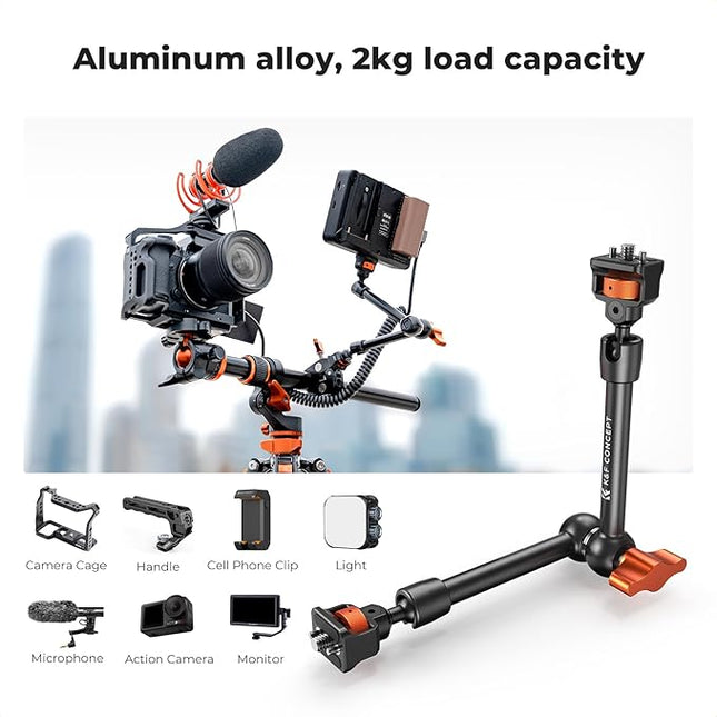 K&F CONCEPT 11" Magic Arm Clamp Kit with ARRI 1/4" & 3/8" Thread Screw, 360° Ball Heads Arm with Clamp Mount for DSLRs, Camera Cage, Monitor, LED Light, Webcam, Action Camera