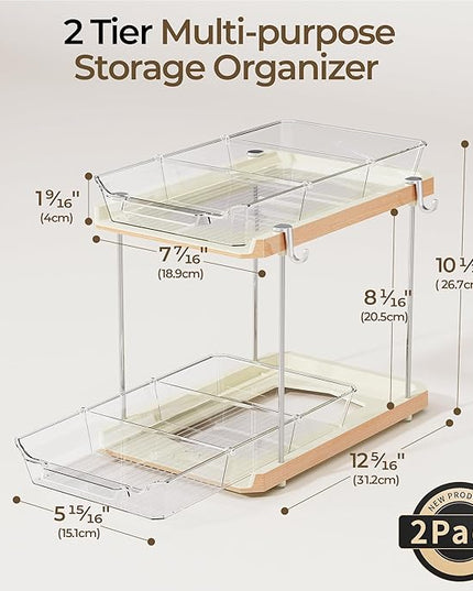 Delamu 2 Tier Bathroom Under Sink Organizers and Storage with Hook, Multi-Purpose Cabinet Drawers with Movable Dividers, Pull Out Organization for Countertop, Kitchen and Pantry(Wood Grain, 2 Pack)