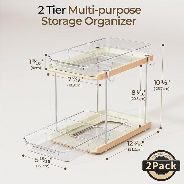 Delamu 2 Tier Bathroom Under Sink Organizers and Storage with Hook, Multi-Purpose Cabinet Drawers with Movable Dividers, Pull Out Organization for Countertop, Kitchen and Pantry(Wood Grain, 2 Pack)