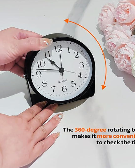 SCOAGE Small Luminous Desk Analog Alarm Clock Metal Bracket 360° Rotating Shelf Clock with Light Battery Powered Bedside Silent Cute Alarm Clock for Heavy Sleepers Elderly and Children Office Bathroom