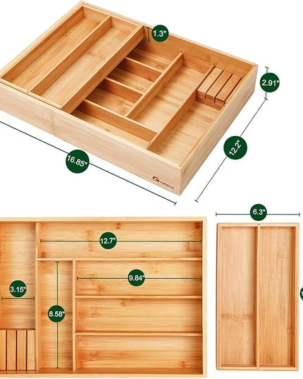 Double Layer Bamboo Kitchen Drawer Organizer Cutlery Utensil Silverware Drawer Organizer, Silverware Tray for Drawer Removable Utensil Holder Flatware Organizer Multi-use Storage Box (L)
