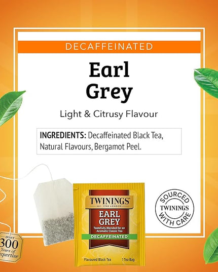 Twinings Decaffeinated Earl Grey Black Tea Individually Wrapped Bags, 20 Count (Pack of 1), Flavoured with Citrus and Bergamot, Enjoy Hot or Iced, 20 Teabags