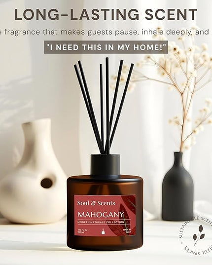Soul & Scents Reed Diffuser Set – Mahogany | 7.43 oz Refillable Scented Oil with 6 Fiber Sticks | Long-Lasting Home Fragrance & Air Freshener for Bedroom, Bathroom, Office | Gift & Décor Piece
