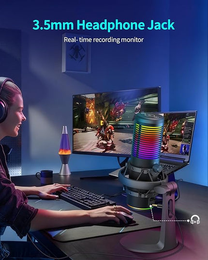 TOALLIN CM20P - USB Condenser Microphone with RGB Lights for Gaming/Streaming/Podcasting/Recording, 192kHz/24Bit, Noise Canceling & Volume Adjustable, Compatibles with Laptop/PC/Tablet/Phone, Black