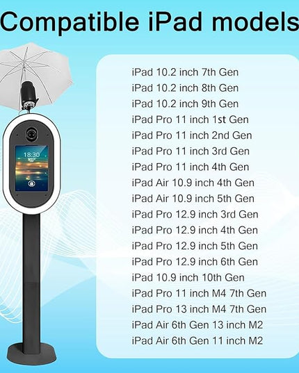 Professional iPad Photo Booth Stand with RGB Ring Light & Umbrella, Compatible with 10.2–13" iPad, Remote Control, Includes Flight Case for Events, Weddings & Rental Use (Black, for 10.2)