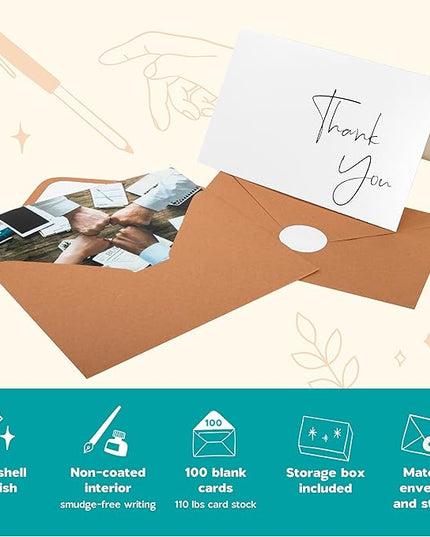 VNS Creations Thank You Cards With Envelopes Bulk Set & Stickers - 100 Pack 4x6 Blank Thank You Notes Bulk Box Set - Large Note Card Small Business, Wedding, Baby Shower & Bridal Shower - White
