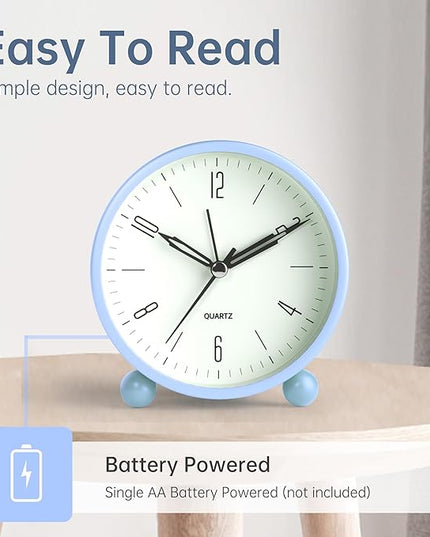 Analog Alarm Clock, 4 inch Super Silent Non Ticking Small Clock with Night Light, Battery Operated, Simple Design, Old fashioned Style SkyBlue decor, for Bedroom, Bedside, Desk, Adult, Kid, Gift, Blue