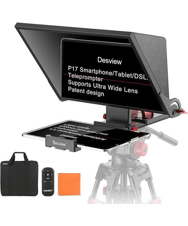 Desview P17 Teleprompter，17 inch Aluminum Alloy Liftable Teleprompter, High Display Glass, Compatible with iPad Tablet Phone DSLR Camera, No Assembly, Carry Case Included, Great for Video Making