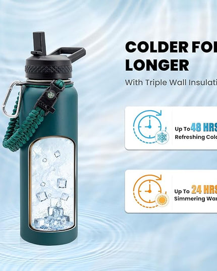 Insulated Water Bottle 40 oz, Triple Wall Vacuum Stainless Steel (Cold for 48 Hrs), Leak Proof & Non-BPA, Modern Water Flask Jug with Paracord Handle & Straw Spout Lids, Dark Green