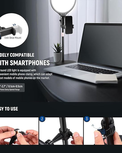 NEEWER Basics 10.5" Desk Ring Light with Stand/Phone Holder/Timer, 3000-6500K Full Screen 15W LED Selfie Panel Lighting for iPhone Recording Streaming Makeup Laptop Webcam Video Conference Zoom, R10