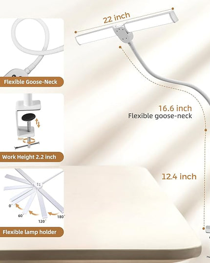 Led Desk Lamp for Home Office, Eye-care Architect Light with Clamp, Smart Double Head Computer Monitor Table Clip Lamp, Adjustable Flexible Goose-Neck, 25 Lighting Models, Task Lamp, White and Sliver