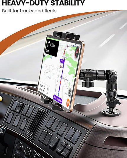OHLPRO Heavy Duty Drill Base Tablet Holder for Car Dashboard, 360° Rotating Adjustable Arm, iPad Mount for Truck Fits 5–17 Inch Tablets, Secure Rubber-Padded Clamp for Commercial Vehicles & Wall
