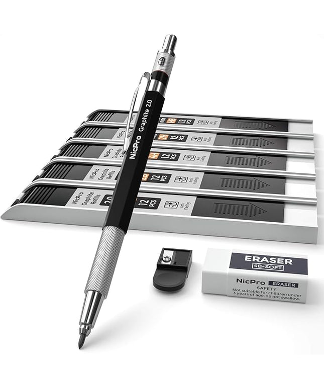 Nicpro 2.0 mm Mechanical Pencil Set, Artist Metal Lead Holder Metal Marker Carpenter pencils with 60 Graphite Lead Refill HB, 2H, 4H, 2B, 4B, Eraser, Sharpener for Draft Drawing, Writing Art Sketching