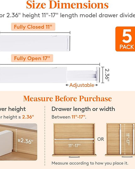 Lifewit 5 Pack Clothes Drawer Dividers 2.36" High, 11"-17" Adjustable Drawer Organizer for Clothing/Makeup, Plastic Expandable Separators in Kitchen/Dresser/Bathroom/Office Organization & Storage