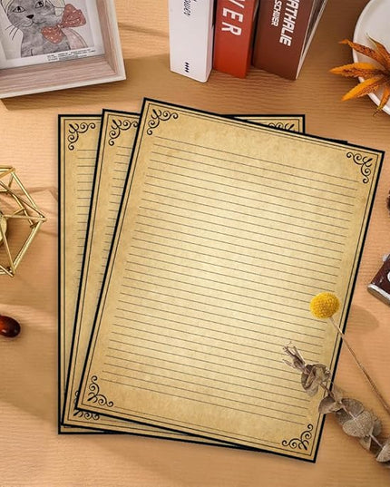 Vintage Lined Paper with Antique Border Design, 100 Sheets, Stationary Paper for Writing Letters, 100gsm, 11 x 8.5'', Aged Stationery for Writing Letters, Invitations, Stationery Writing Papers