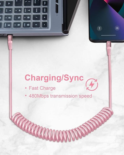 KIYODA USB C to Lightning Cable 3FTfor Car, Coiled iPhone Charger Fast Charging Short USBC Lightning iPhone Cord for iPhone14/13/12/11 Pro Max/iPad/CarPlay- 2Pack Pink
