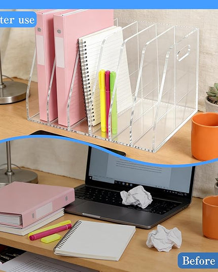6-Tier Clear Acrylic File Holder, Vertical Document Organizer for Magazines, Binders, Notebooks & Envelopes - Multi-Purpose Desk Storage for Home Office（B5,6 Sections）