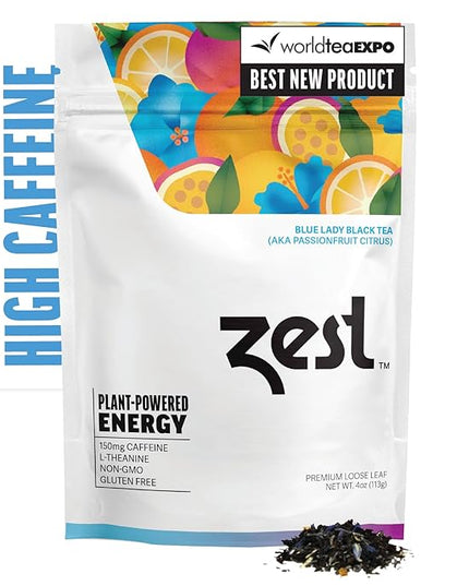 Zest 150mg High Caffeine Energy Loose Leaf Blend - Blue Lady Black Tea - 4 Oz - Hot or Iced - All Natural Strong Flavored Healthy Coffee Alternative Highly Caffeinated Substitute - Perfect for Keto