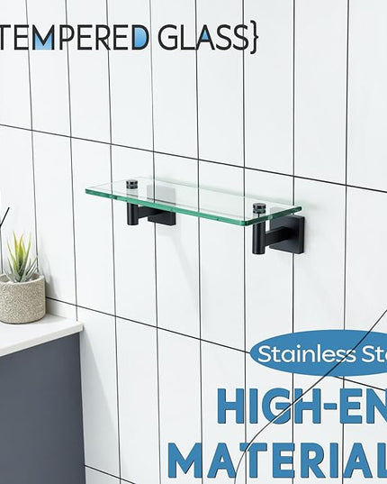 KOKOSIRI Bathroom Shelves Glass Floating Shelf 12-Inch for Bedroom, Living Room, Kitchen, Small Hanging Rack Rustproof Wall Mounted Black B1105BK-L12